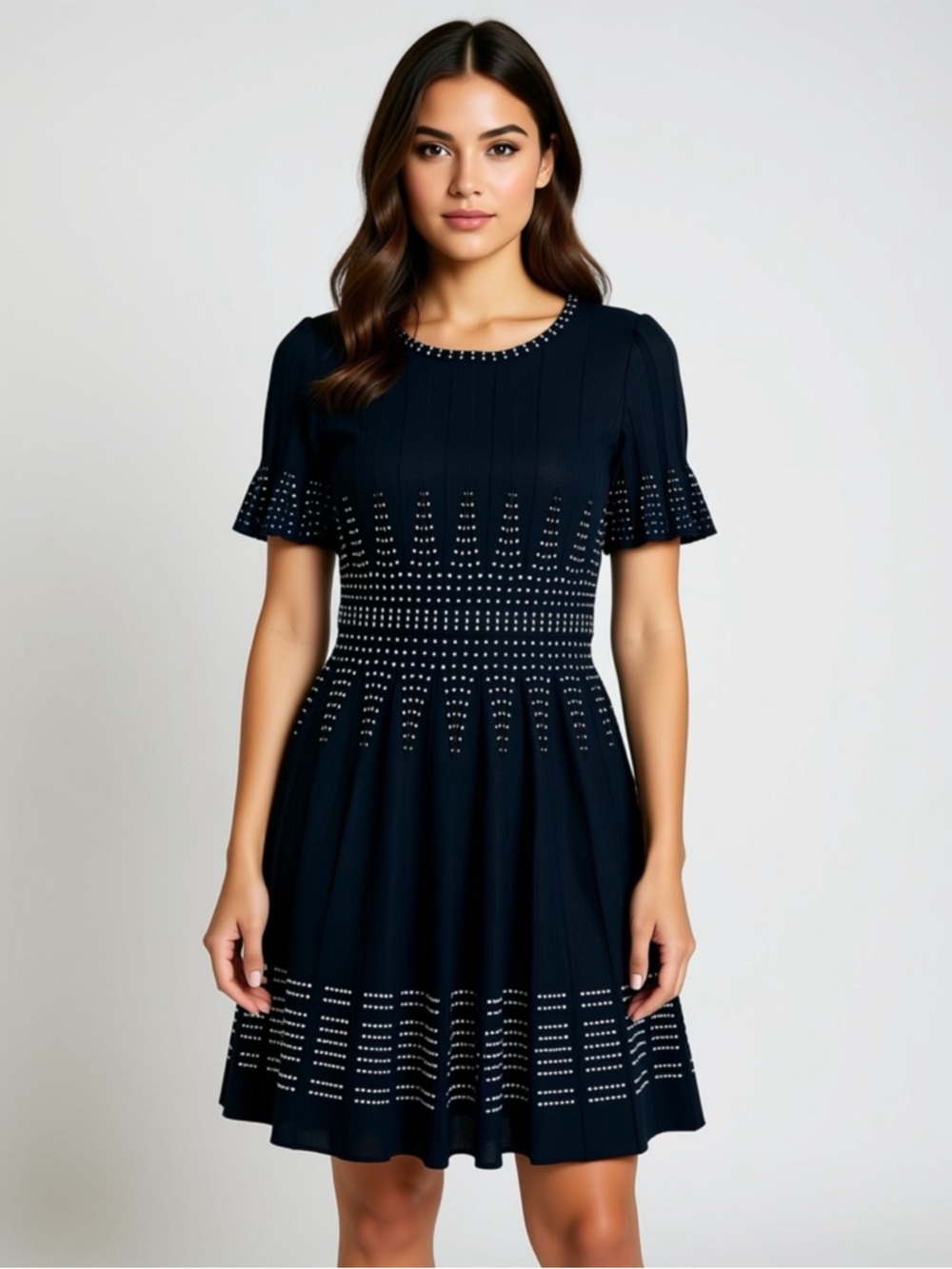 Bebe Black White Pleated Short Sleeve Fit Flare Dress Size Medium Knit Texture